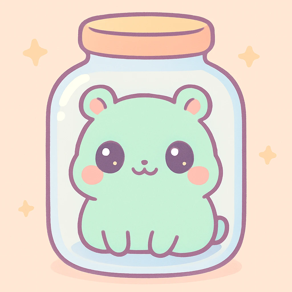 a cute animal inside a glass jar, cartoon style, kawaii, colorful, soft lines emoji