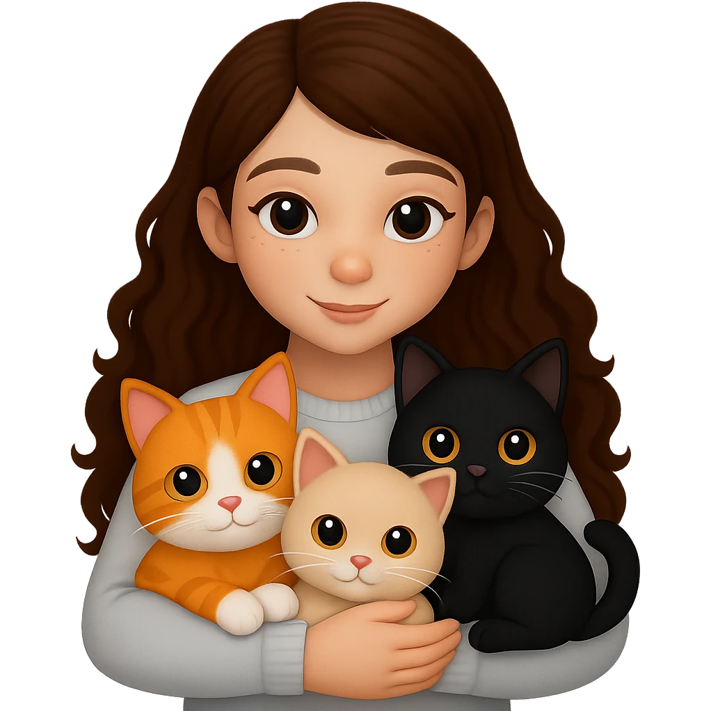 Change the girl's hair color to brown and have her hug three cats, each a different color, in the style of apple emojis. Remove the background. emoji