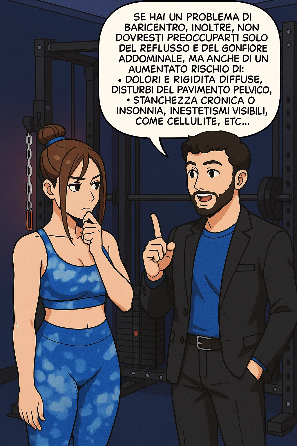 TRASFORMA QUESTO CAROSELLO IN UN FUMETTO STILE WEBTOON/MANGA A COLORI CON QUESTE DUE PERSONE IDENTICHE CHE INTERLOQUISCONO TRA LORO, L'uomo sta spiegando alla donna questo concetto MENTRE LA DONNA SI TIENE L'INDICE SUL MENTO ASCOLTANDOLO PENSIEROSA:

Se hai un problema di baricentro, inoltre, non dovresti preoccuparti solo del reflusso e del gonfiore addominale, ma anche di un aumentato rischio di:
    • dolori e rigidità diffuse
    • disturbi pavimento pelvico
    • stanchezza cronica o insonnia
    • inestetismi visibili, come celluluite
    • etc… emoji