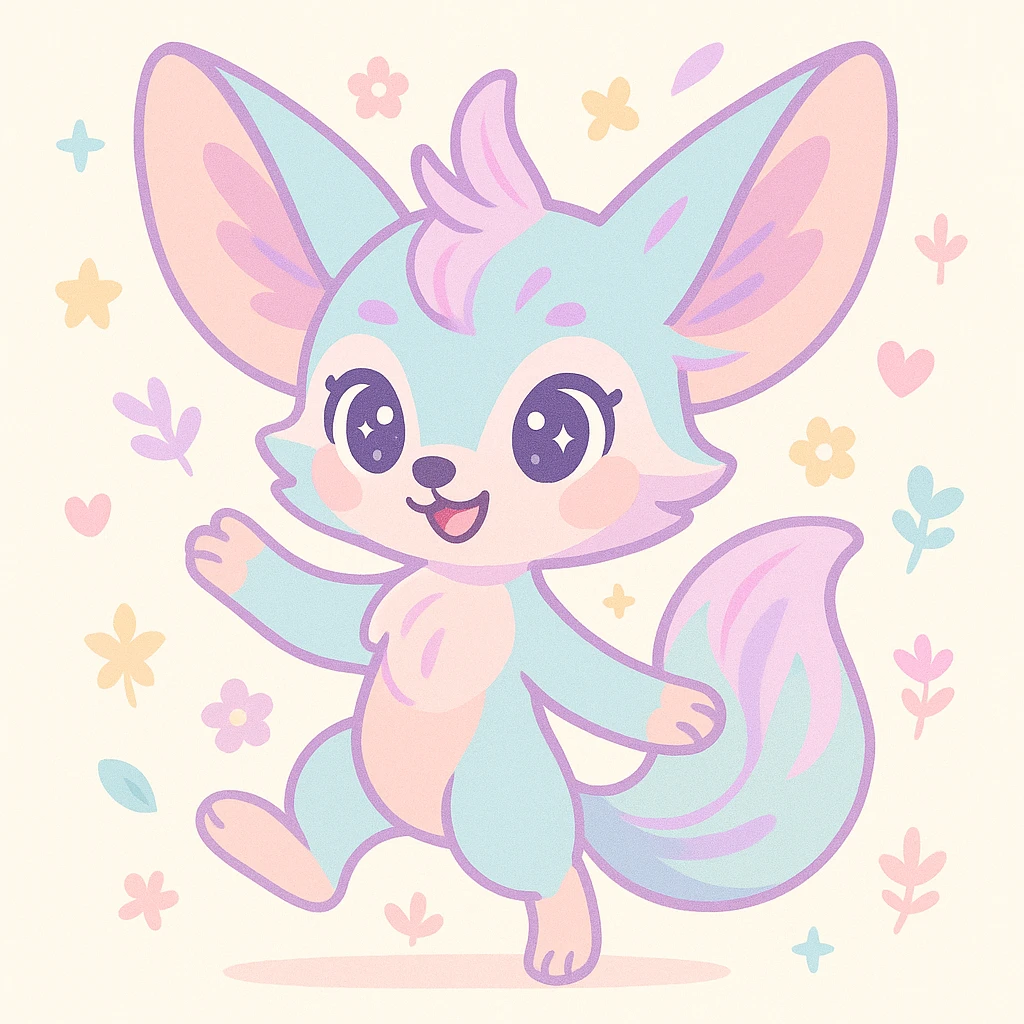 female anthropomorphic fennec fox, unique style blending kawaii and magical elegance, blue and pastel pink fur with fairy mauve highlights, large eyes shining with humor and softness, dynamic and benevolent posture, subtle motifs of stars, flowers, hearts or feathers, embodying hope, harmony, freedom, peace, mutual aid, acceptance, self-confidence, paused version emoji