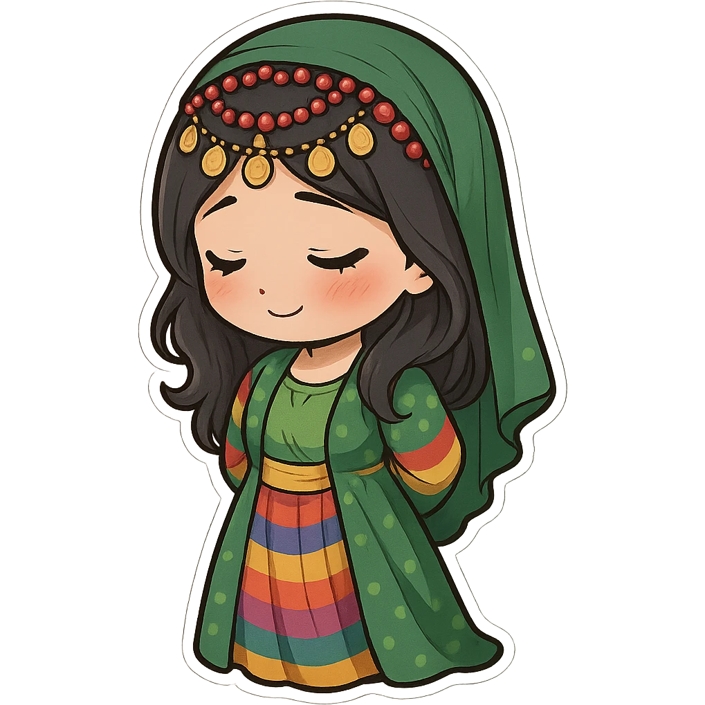 Cartoon sticker of a Kurdish woman wearing traditional colorful and cheerful Kurdish female clothing, face showing a shy expression, hands behind the waist, looking down, no shadow or color halo around the image, no text, suitable for WhatsApp and Instagram, with a completely transparent background. emoji