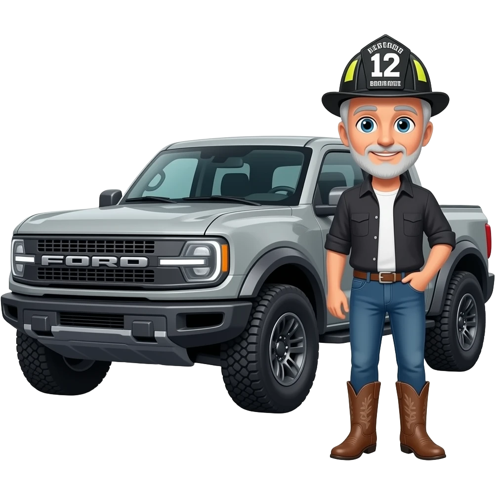 Ford bronco Cartoon emoji-style grey haired man in jeans, cowboy boots, and a firefighter helmet with 12 on the front standing next to marsh gray colored 2025 ford emoji