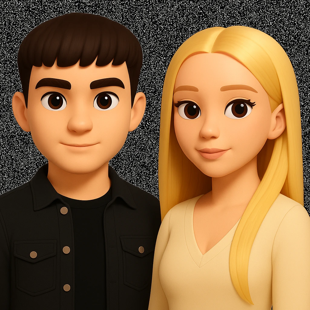 Slightly increase the volume of the upper body of the girl, significantly spread them apart from each other, make the skin color the same for both characters, keep the cartoon style as in the reference image. emoji