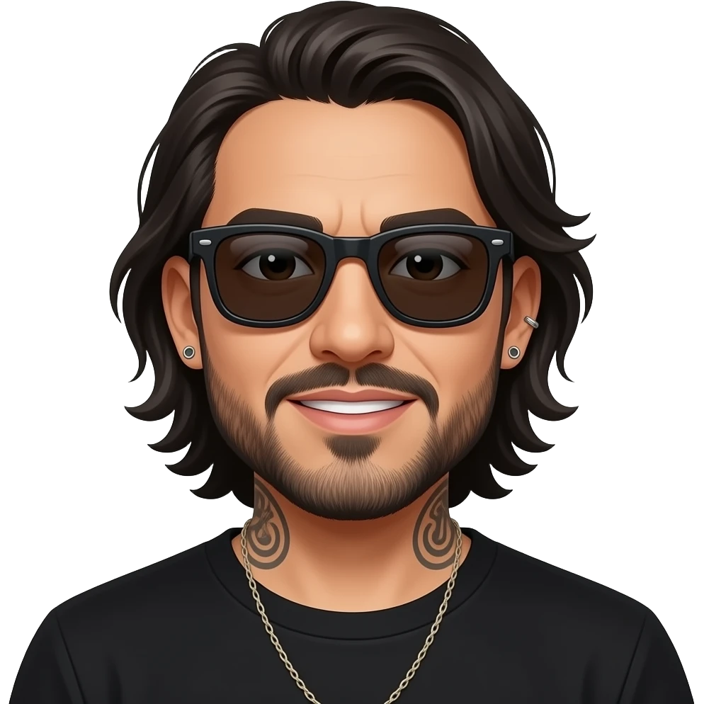 The handsome manly Latino podcast host with medium length hair, a long slightly graying beard and tattoos with his ears pierced 1 time each ear and a nose ring on the right side, dark brown eyes, wearing black, dark sunglasses, and jewelry, saying hello emoji