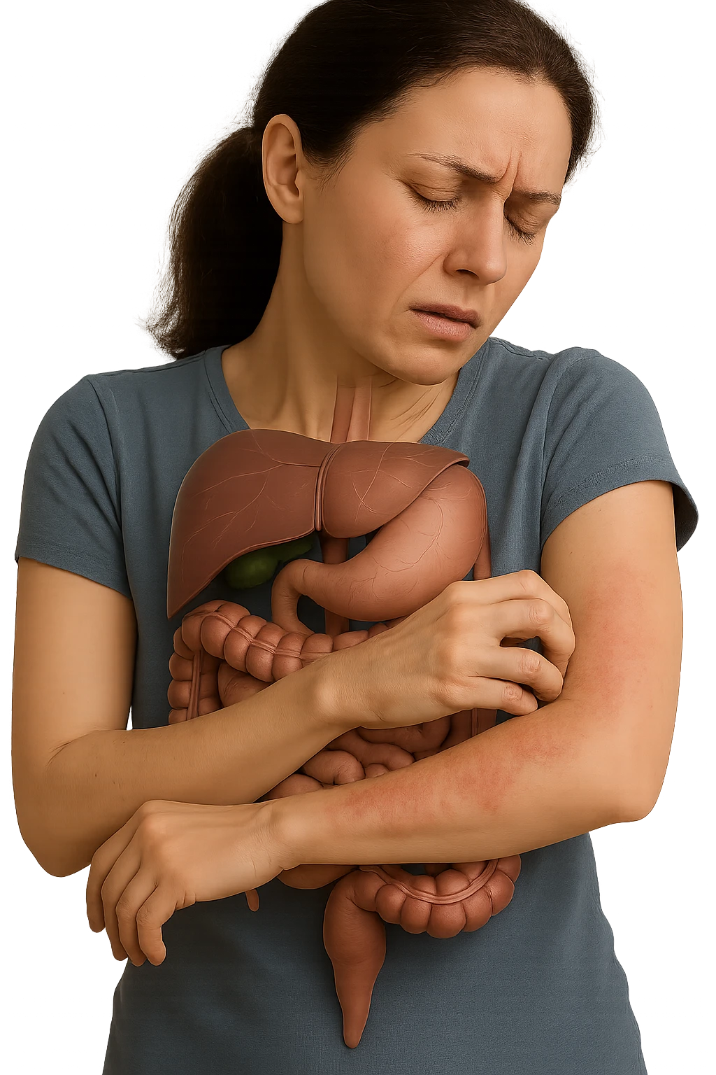 donna con intestino umano anatomico realistico che si gratta il braccio su cui ha un'eritema, iperrealistica 4k emoji