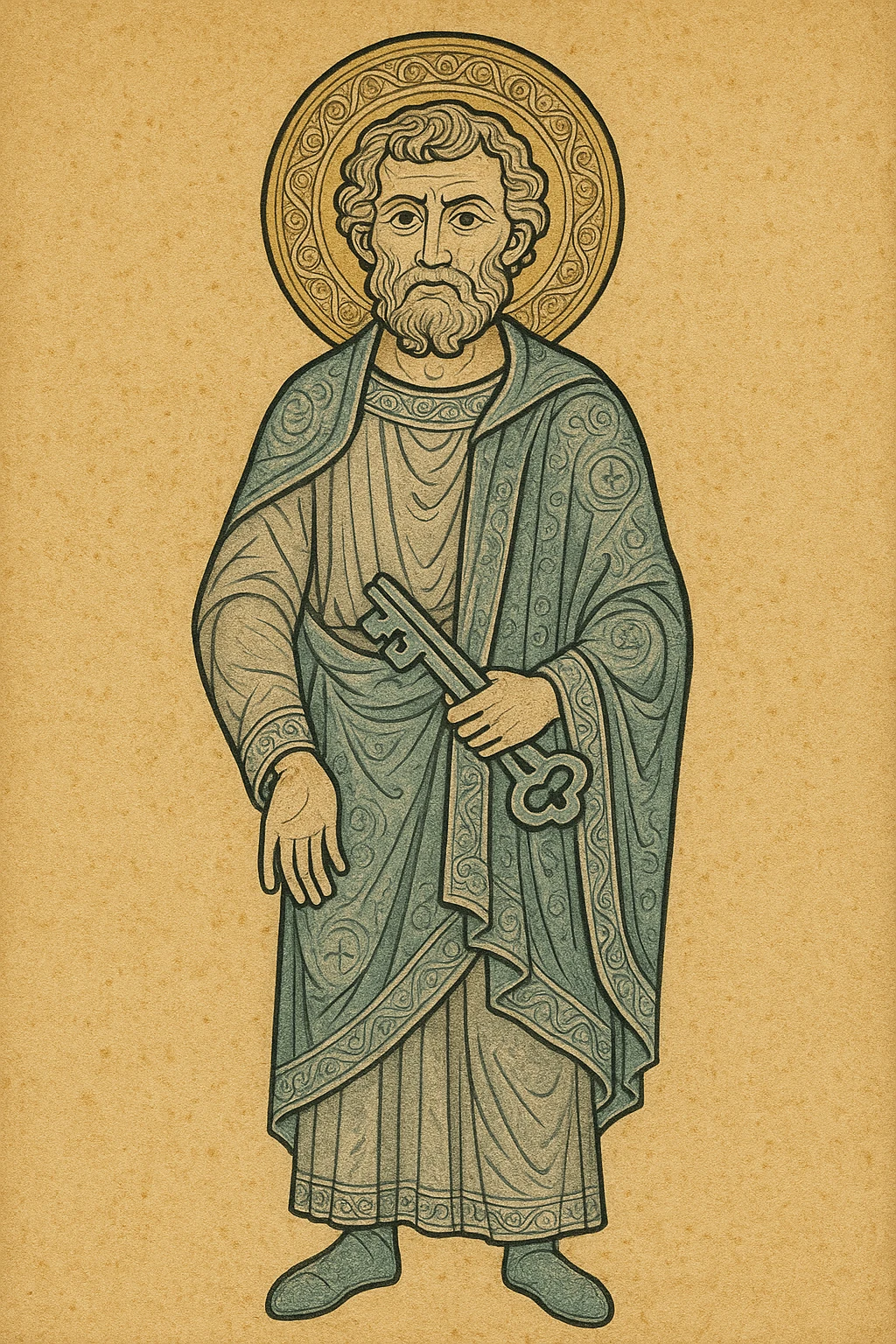 fullbody apostle Peter, high detail, ornate robes, holding keys, expressive face, standing, halo emoji