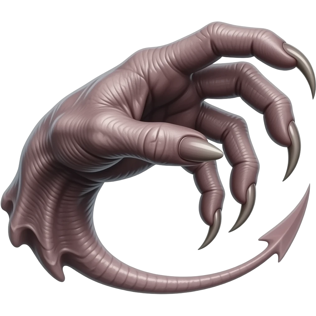 Long dark Demonic hand with sharp claws. Make the hand reach out to attack and slash towards the right of the image violently. Shift the perspective to a side profile to show the curvature and length of the claws more clearly. emoji
