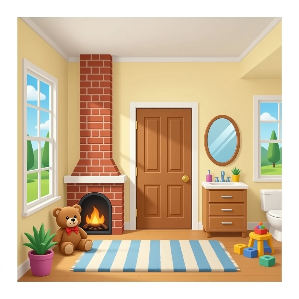 House: Glass for the windows, a rug on the floor, Bricks for the chimney, a big wooden door. I’ll even take a playroom or two you know what to do (teddy bear, and bathroom drawer and mirror emoji