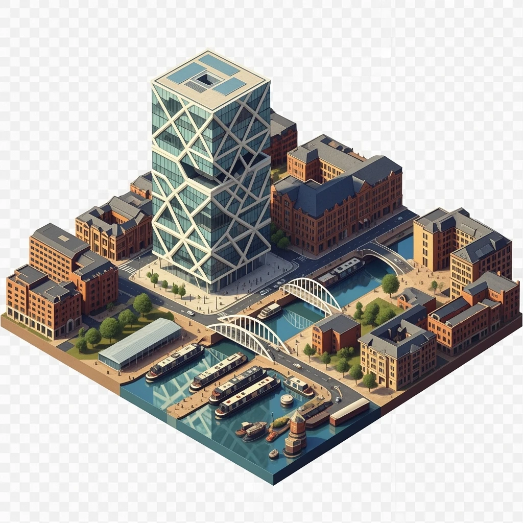 Isometric illustration of Birmingham, featuring the Library of Birmingham with its modern architecture and nearby canals, highly detailed in semi-realistic style, balanced between stylized and realistic, 3D miniature effect, transparent background. emoji