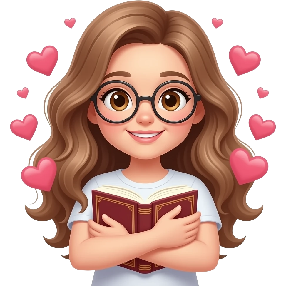 detailed emoji illustration of a curvy woman with long light brown wavy hair, light brown eyes and round glasses hugging a book with hearts around her, in love with the story, cute emoji style emoji