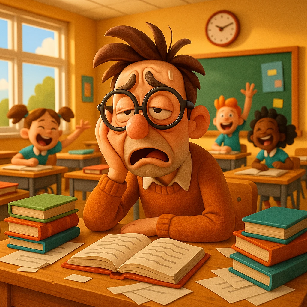 3d cartoon art of a exhausted teacher in a bustling classroom emoji