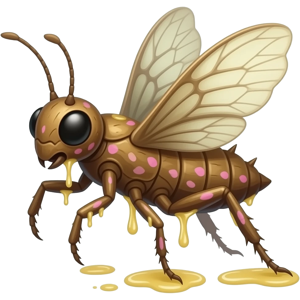 A flying forest Walkingsticks crawler with sticky sap running through cracks in its bark-like body. petal wings it's made of bark but has a shell on its back, it has spikes and runs fast with all its limbs. It's full of pink petal markings, and looks like a Walkingstick insect with a petal bark body emoji