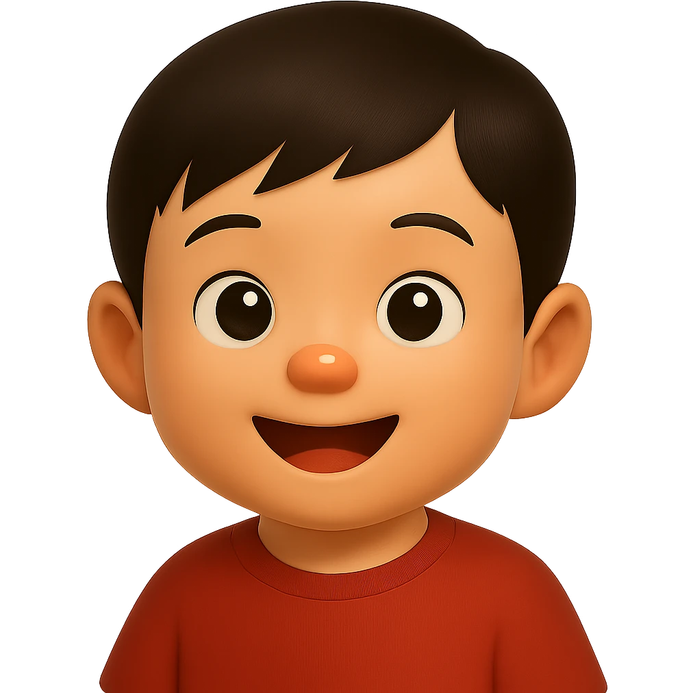 Edit the cute Asian baby boy emoji by changing the shirt to muted red while keeping the rest unchanged. Use a soft glossy texture and make it about 80% realistic. No background. emoji