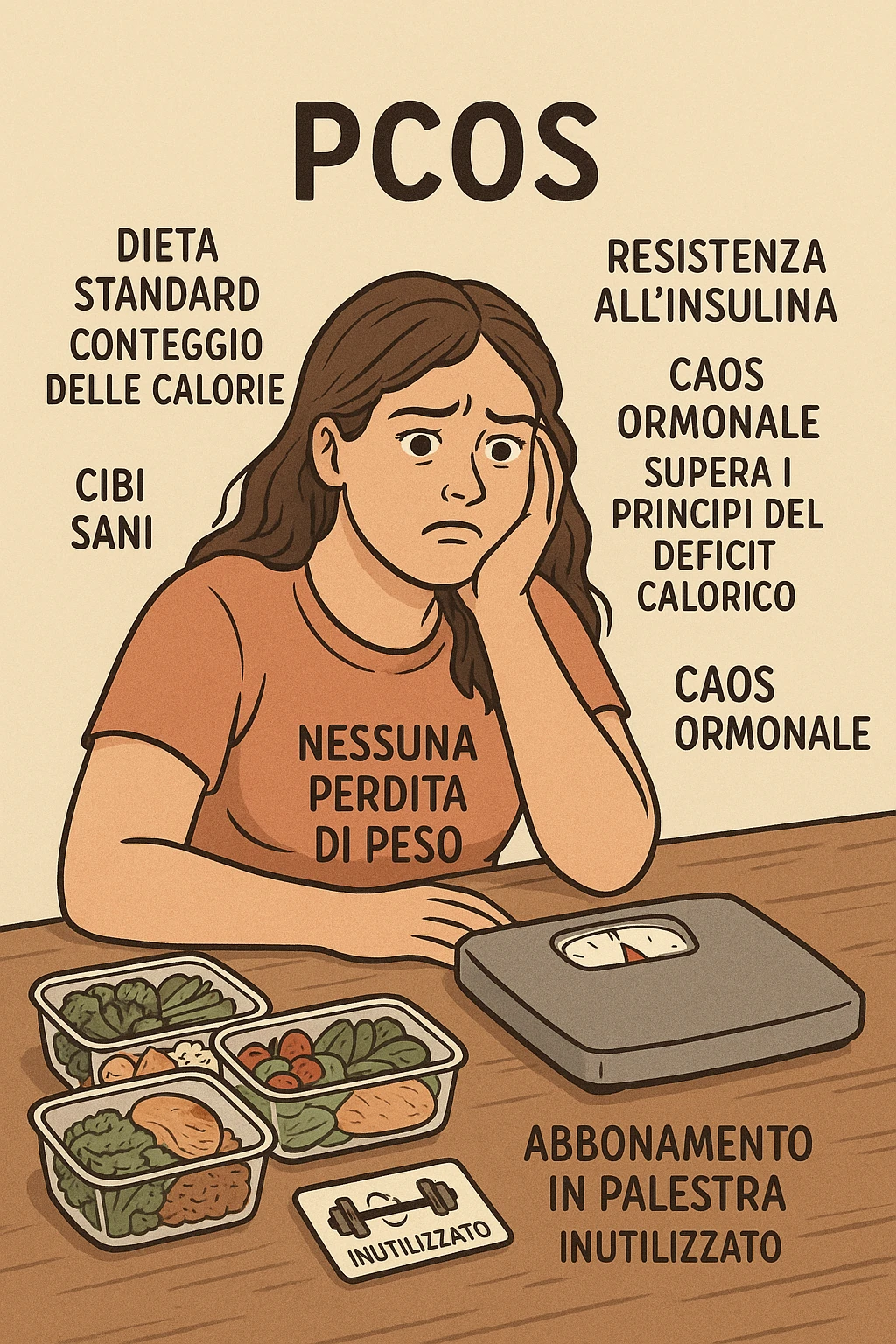 "Desperate woman with PCOS following standard calorie-counting diet, scale showing no weight loss despite strict adherence, expression of confusion and defeat, meal prep containers with healthy foods, insulin resistance making normal dieting ineffective, hormonal chaos overriding caloric deficit principles, gym membership unused due to lack of results scritte in italiano emoji