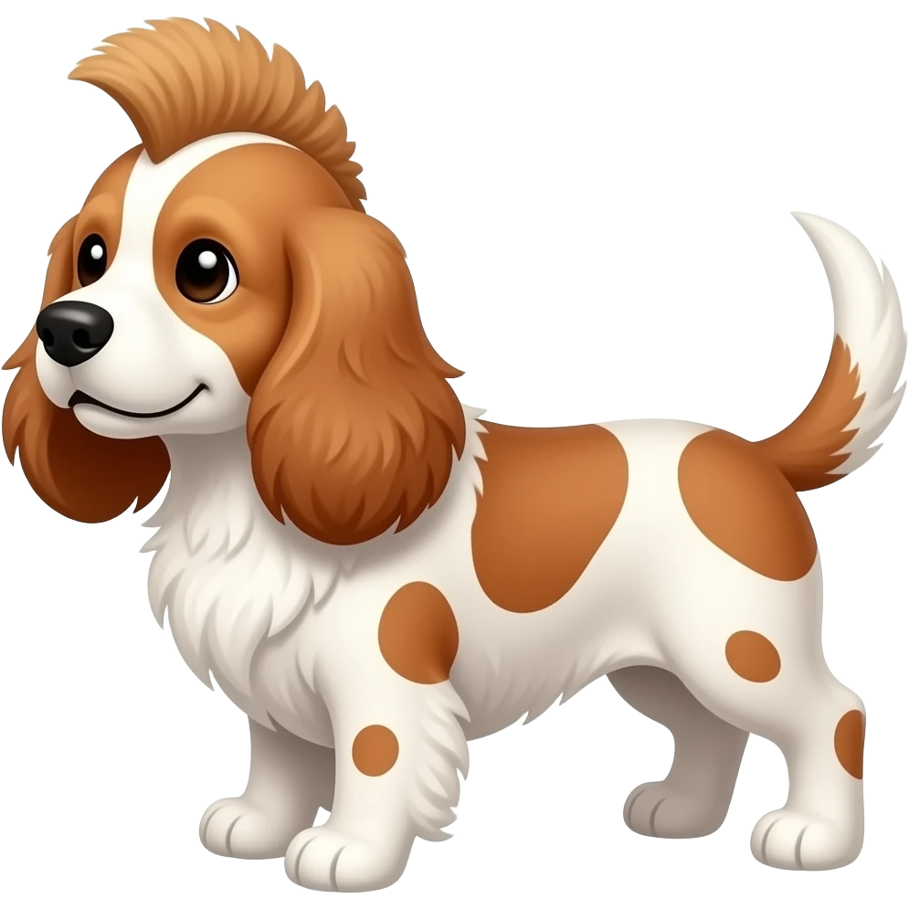 Cocker spaniel with big red and white SPOTS and a Mohawk emoji