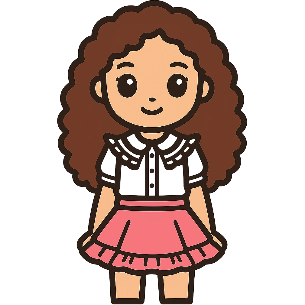 Make the girl with longer curly brown hair, keeping her light skin, brown eyes, white blouse with ruffles, and pink skirt with ruffles, no background. emoji