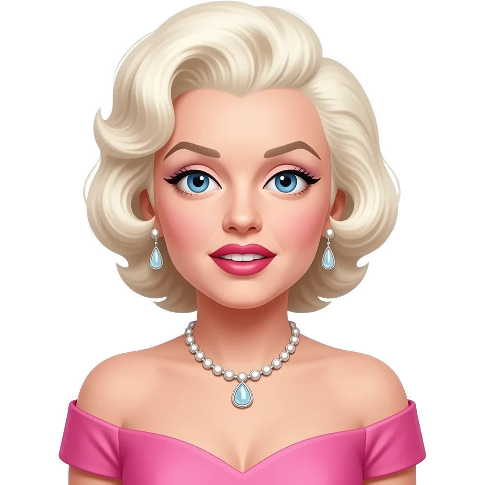 Marilyn Monroe with blue eyes, white blonde hair, pink grammy off shoulder dress, necklace and earrings emoji