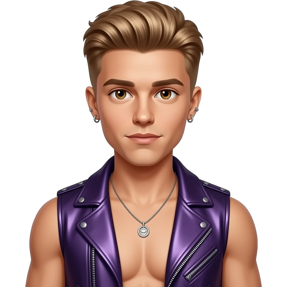 Justin Bieber with brown eyes, golden brown hair, dark purple metallic vest, shirtless with necklace and earrings emoji