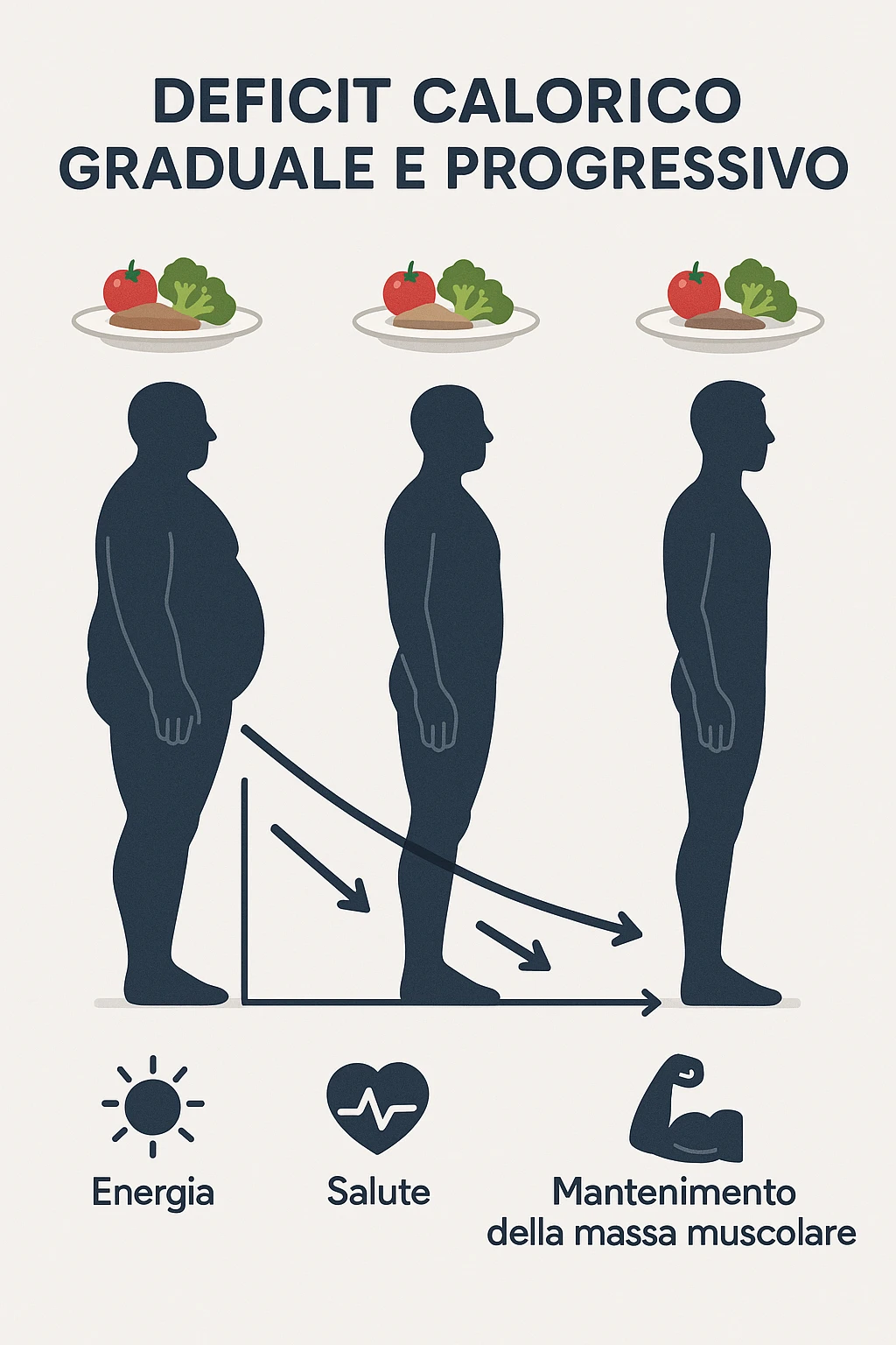 una sequenza di tre sagome umane affiancate, ognuna rappresenta una fase diversa di perdita di peso graduale. Sopra ogni figura, un piatto mostra porzioni di cibo bilanciate ma leggermente ridotte. Frecce e grafici illustrano una diminuzione lenta e costante dell’apporto calorico giornaliero, con icone che rappresentano energia, salute e mantenimento della massa muscolare. Sfondo pulito e moderno, con etichette chiare che spiegano “deficit calorico graduale e progressivo” in italiano emoji