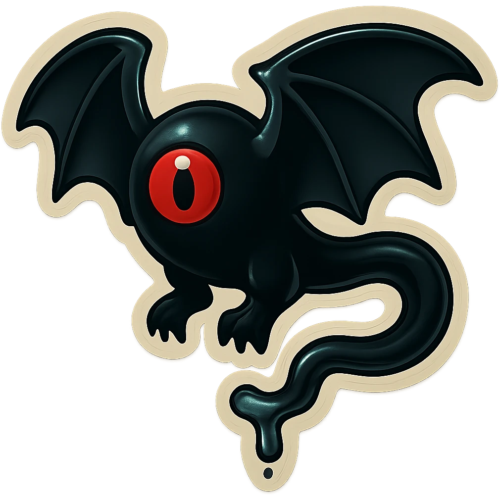 an all black reptilian bat-like creature. One cyclopian red eye in its face. no visible mouth or ears. 2 hind legs with claws. has a long tale with a stinger that drips green poison. no ears. no horns. no arms. visible bone-like stinger at end of tail emoji