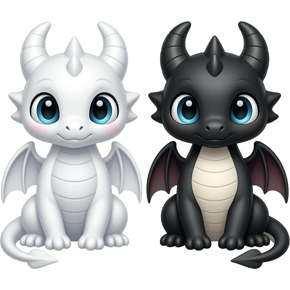 Two cute dragons (white and black) sitting side by side, facing forward, big expressive eyes, small rounded bodies, folded wings. Apple iOS emoji style, soft 3D, glossy, minimal, centered, transparent background. emoji