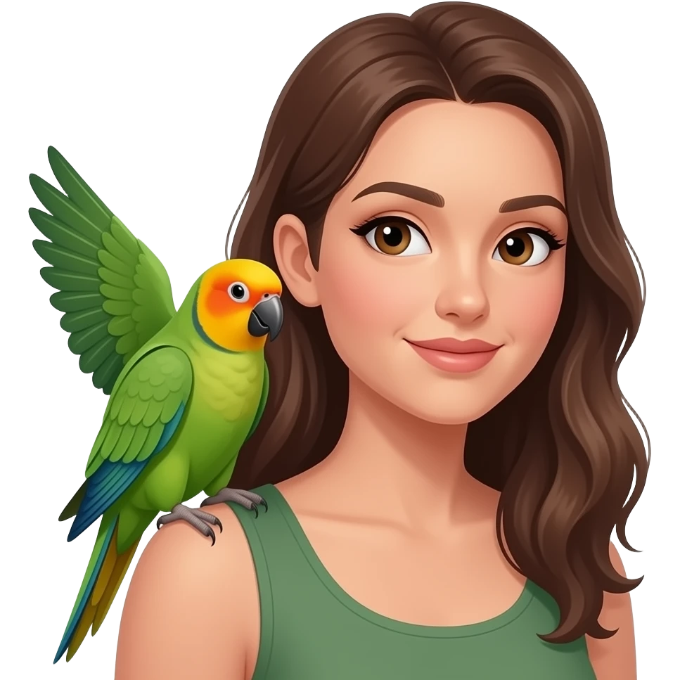 green indian ring neck parrot on a brown haired womans shoulder with a sun conure parrot with all green wings on her other shoulder emoji