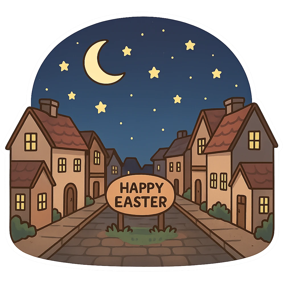 一个复活节的场景，一个街道，两边都是小房子，中间是一条街道，夜晚，星空 emoji