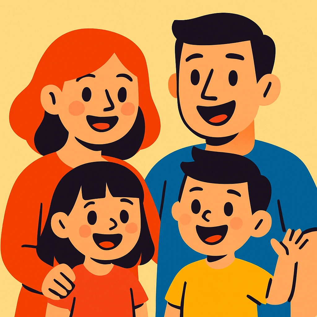 a family of four, cartoon style, smiling, simple background emoji