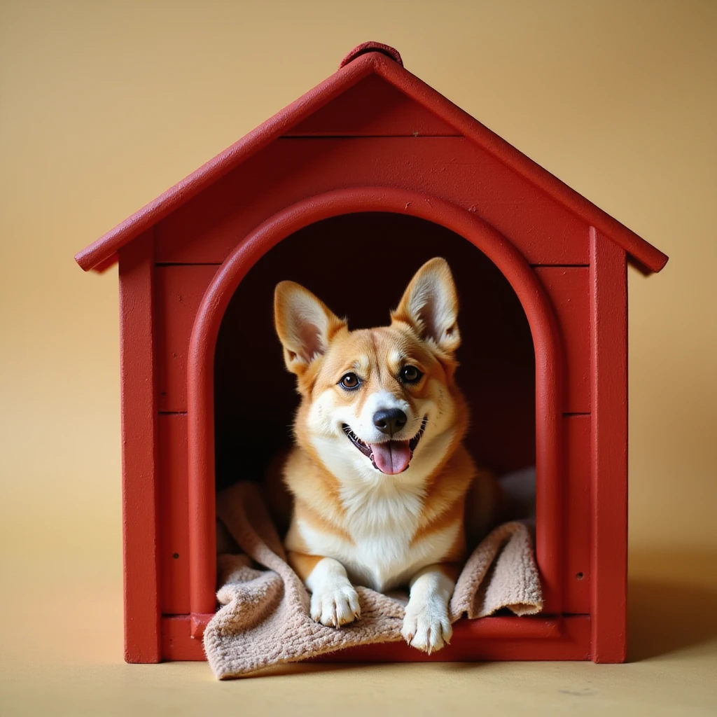 realistic red dog house with a Corgi dog inside, Corgi with a blanket, photorealistic style emoji