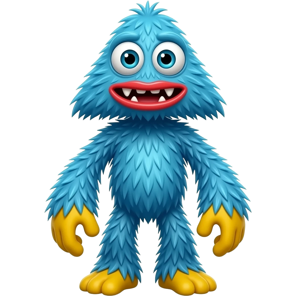 Create a blue furry monster with a triangular face, giant eyes, red lips, and sharp teeth. Its body is tall, skinny, and covered in fluffy blue fur. The hands and feet are large and yellow. Add a visible torso, long limbs, messy fur texture, cartoon style, and creepy playful expression. emoji