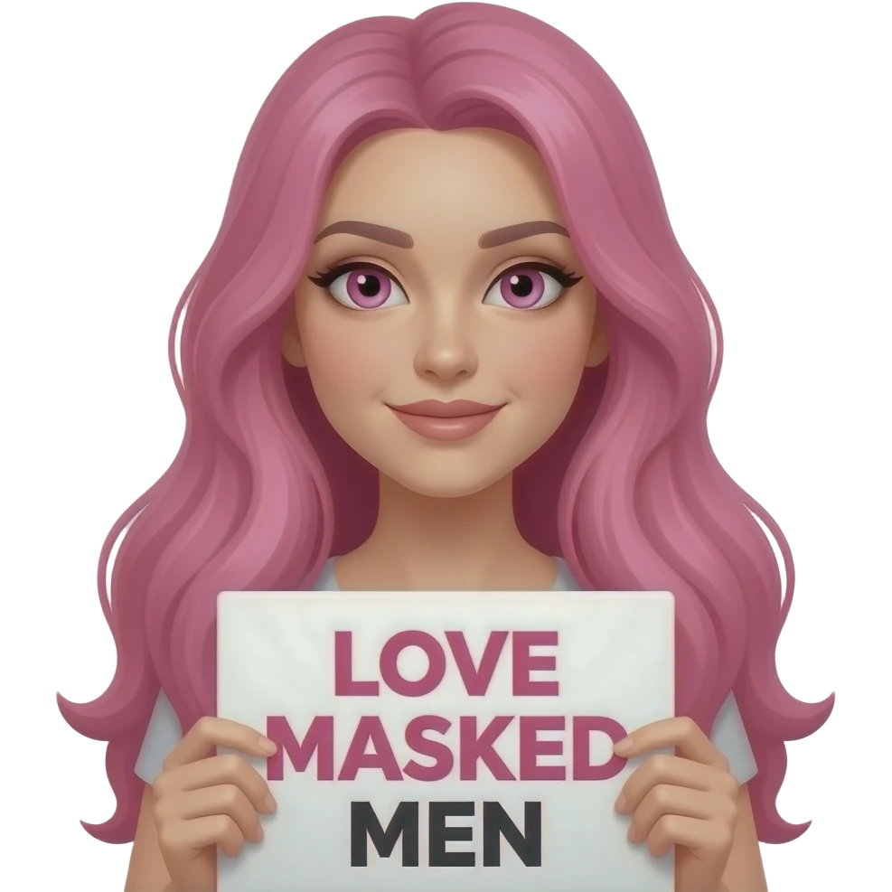 sexy girl with long pink hair and pink eyes holding a LOVE MASKED MEN sign emoji