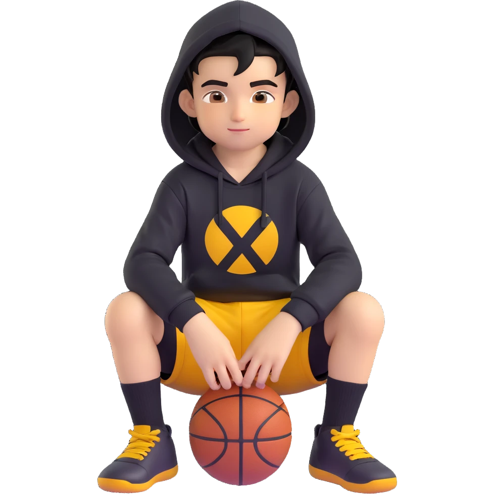 boy kid in a ring sitting pose, black hoodie with hood off, smirk, black crew socks, black messy hair, black basketball shorts, yellow skin emoji