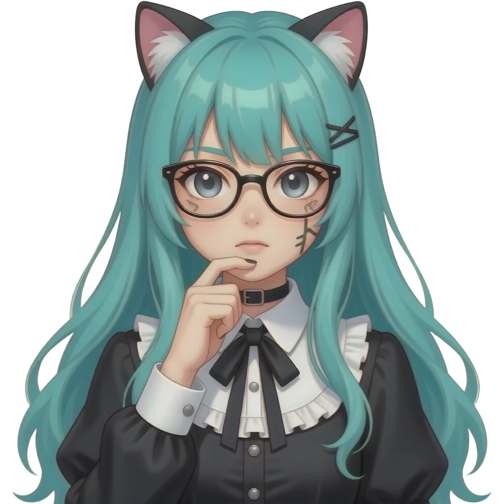 anime girl, thinking very hard, cat frame glasses ,face tattoos, long flowing teal hair, grey eyes, black shoulder cyberpunk blouse with fancy white collar emoji