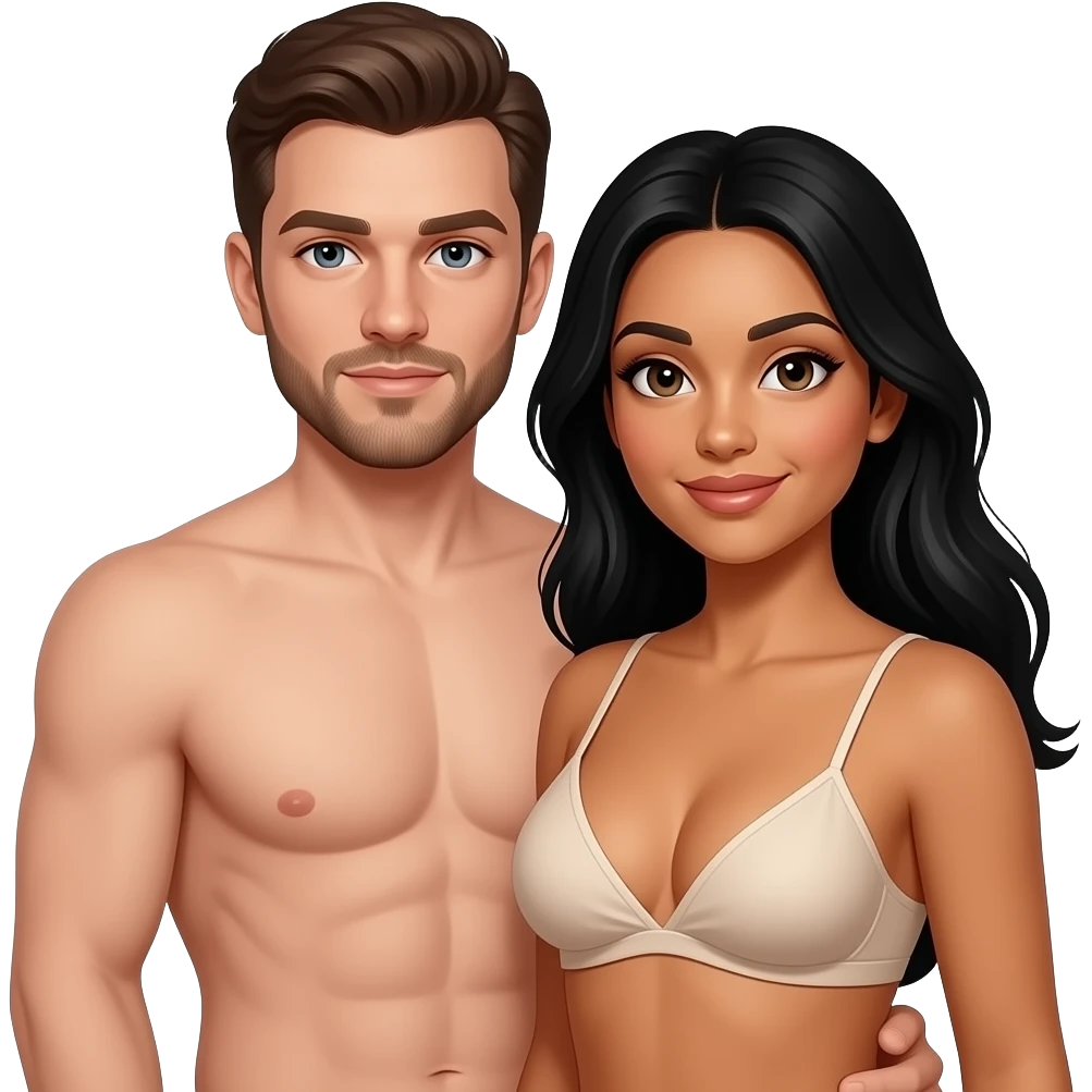 A Caucasian man and a Hispanic woman with black hair in a sex position nude emoji