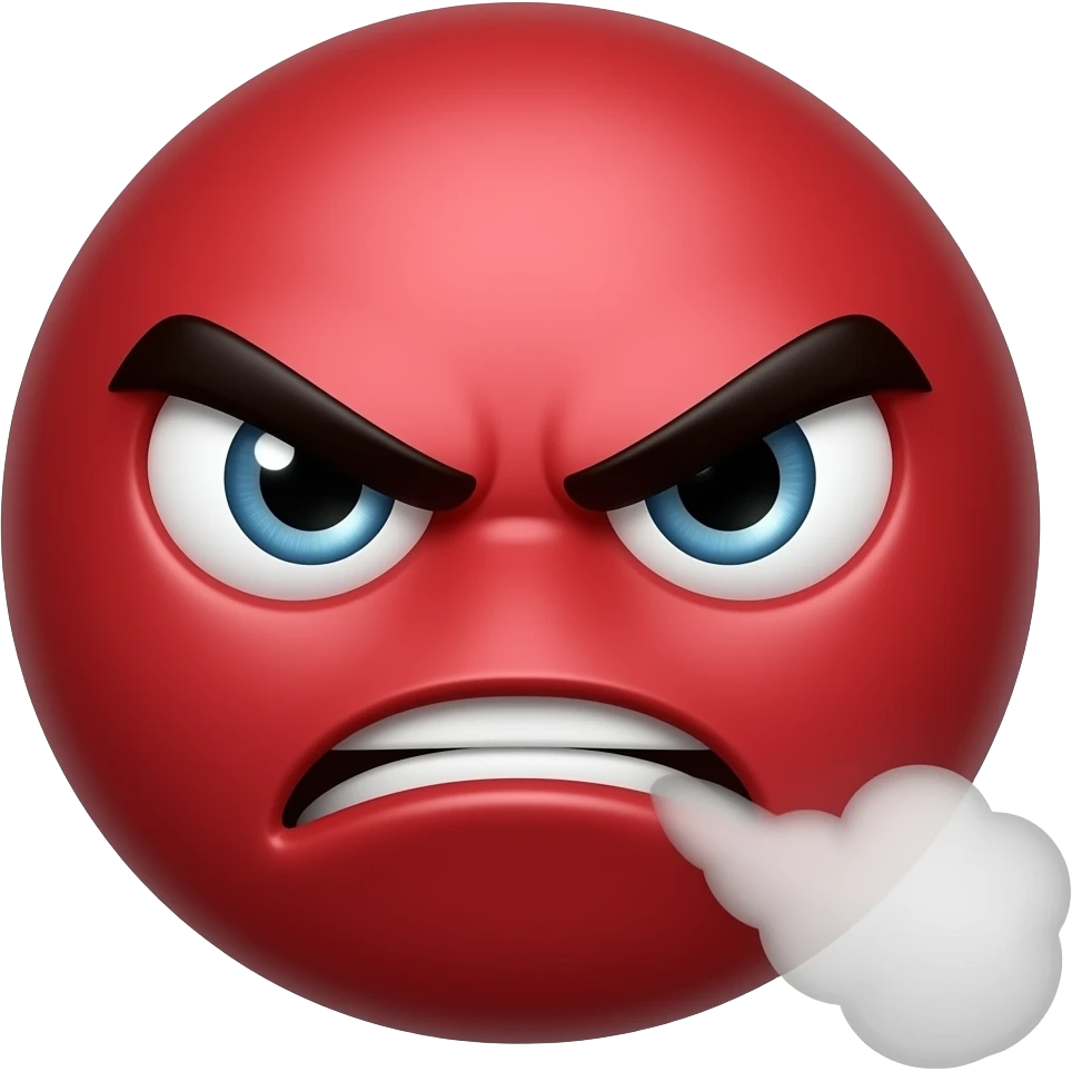 angry red emoji with steam coming from side , make it have one big eye and one small eye emoji