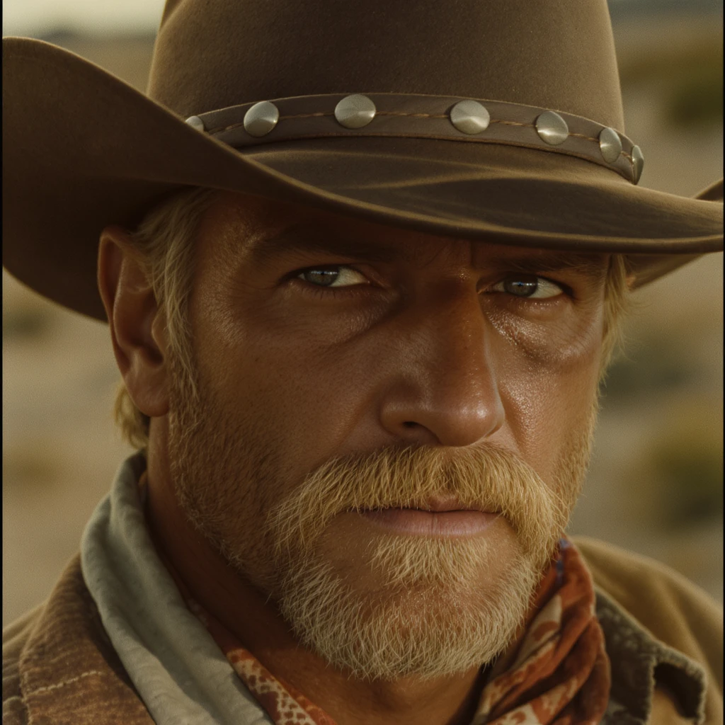 Cinematic , documentary photography, top angle medium shot, cowboy look eye brave, hard light golden hour, desert arizona, shot on arri alexa, 80s movie emoji