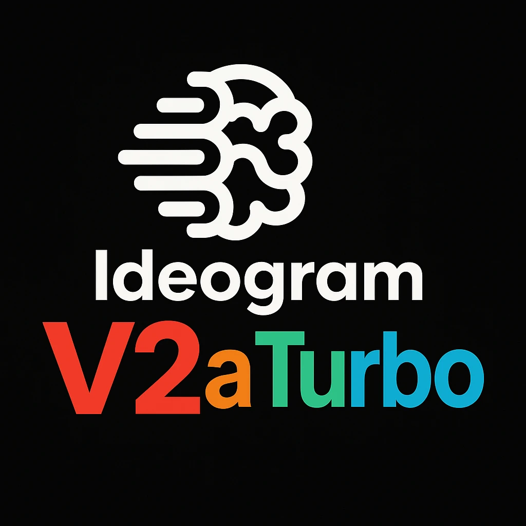 make a non gradient solid but colorful text of "Ideogram V2a Turbo", black background, add this logo too,  emoji