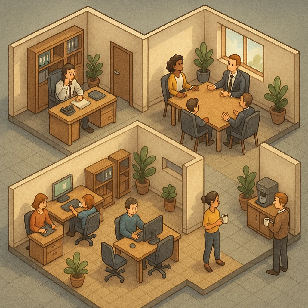 В слегка рисованном, но при этом ярком и объемном стиле - четкую, изометрическую 3D-сцену в мультяшном стиле с видом сверху под углом 45°, изображающую офис кабинетами, open space и другими характерными местами. В офисе работают люди - кто-то говорит по телефону, работает за компьютером, другие пьют кофе, сидят на общем собрании, переговори. Используйте мягкие, изысканные текстуры с реалистичными PBR-материалами и мягким, реалистичным освещением и тенями.  emoji