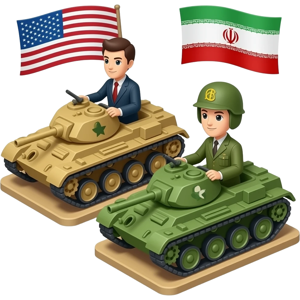 funny American tank vs Iran tank with stick men driving in a Risiko tabletop game style emoji