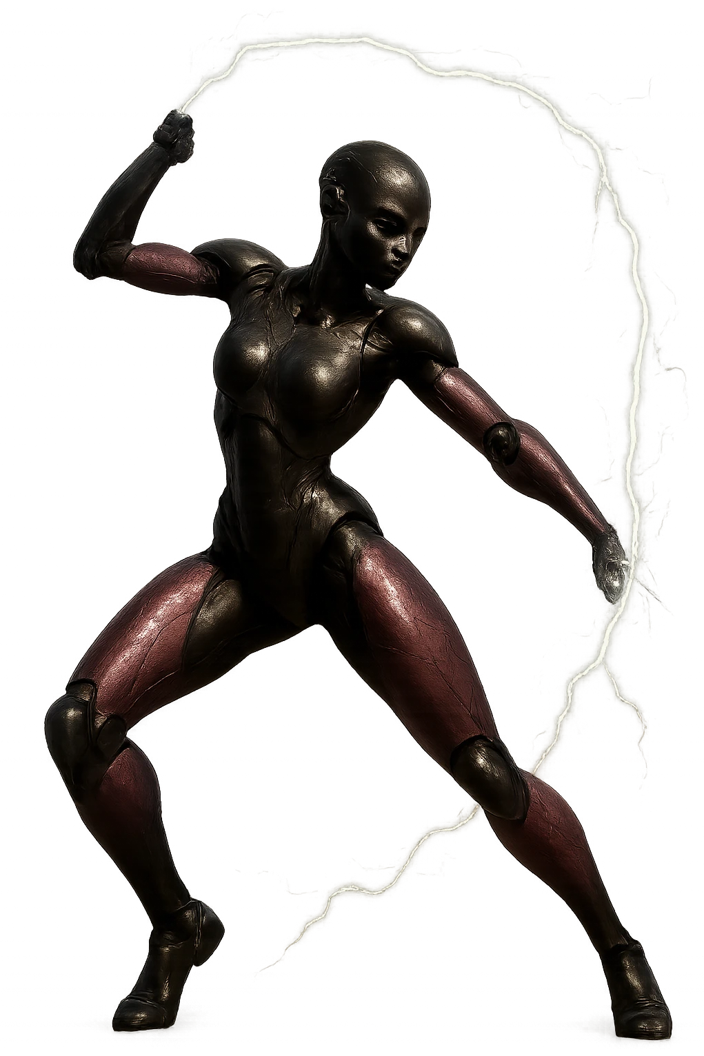 slim, powerful black female robot with small ear pieces, pink hexagonal arms and legs, swinging a lightning whip in a dramatic, realistic pose, no border, transparent background, realistic art style emoji