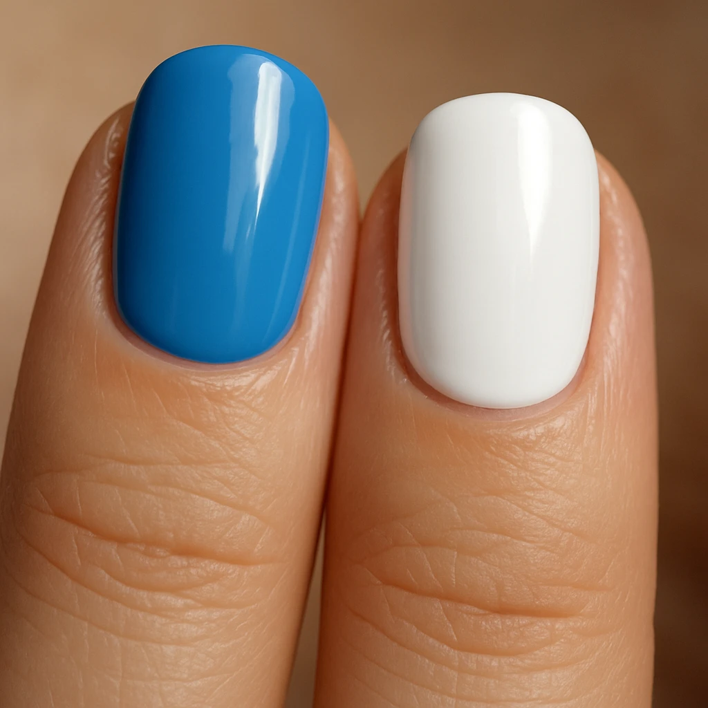 close-up of a pair of fingernails on a hand, one fingernail painted blue and the other painted white, clear detail emoji