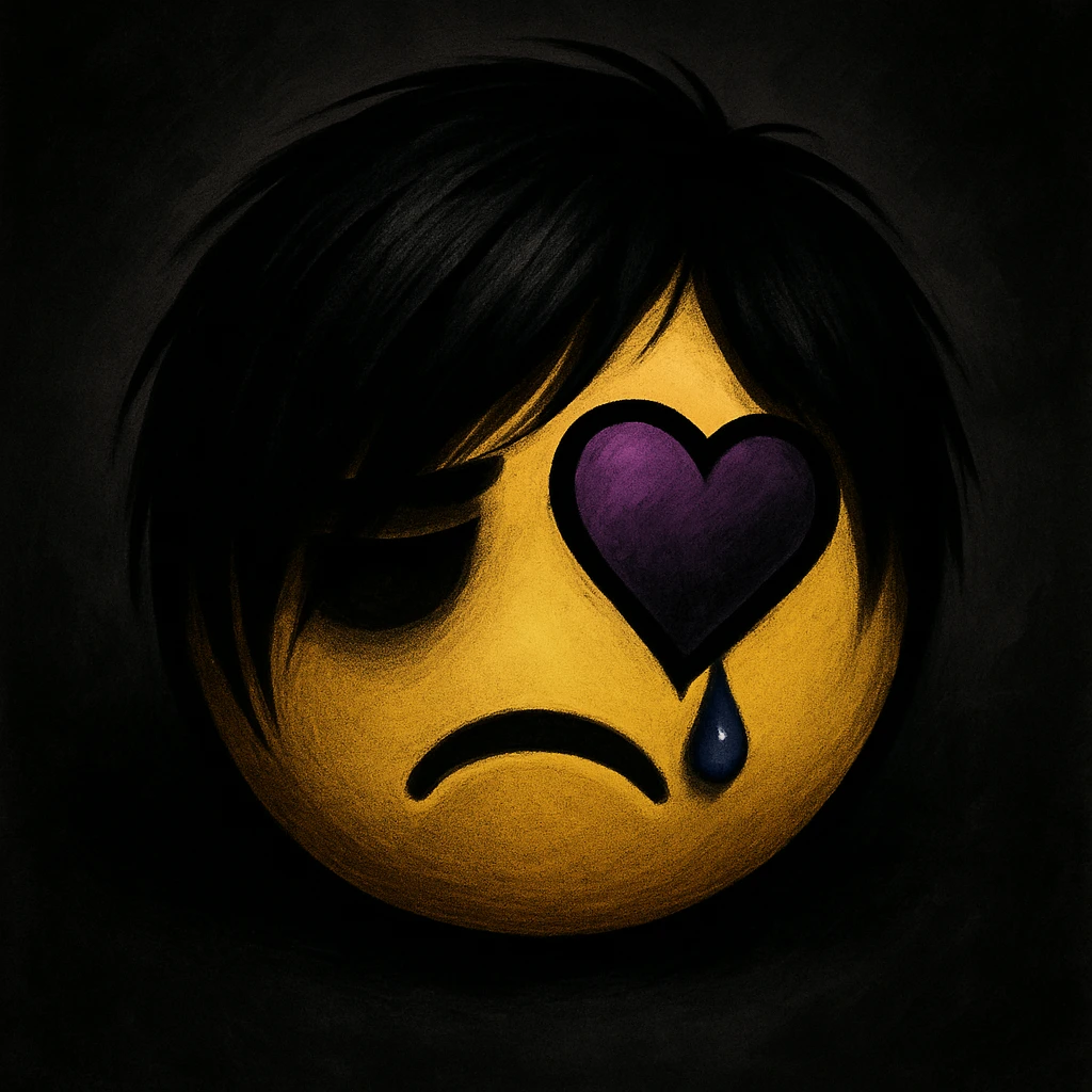 emo emoji, black outline heart, purple and black gradient, teardrop, dramatic shadows emoji