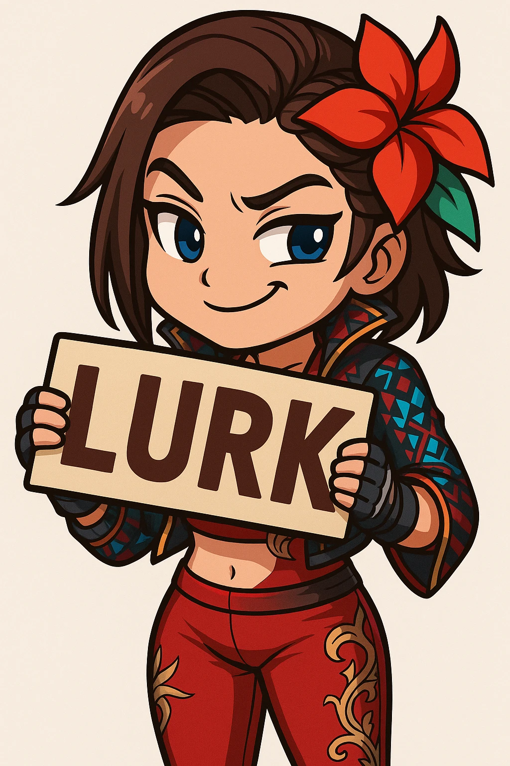 Azucena from Tekken 8 in chibi sticker style, holding a sign that says 'LURK', sneaky expression, wearing the detailed red and patterned outfit from the reference images, designed for Twitch emote use. emoji