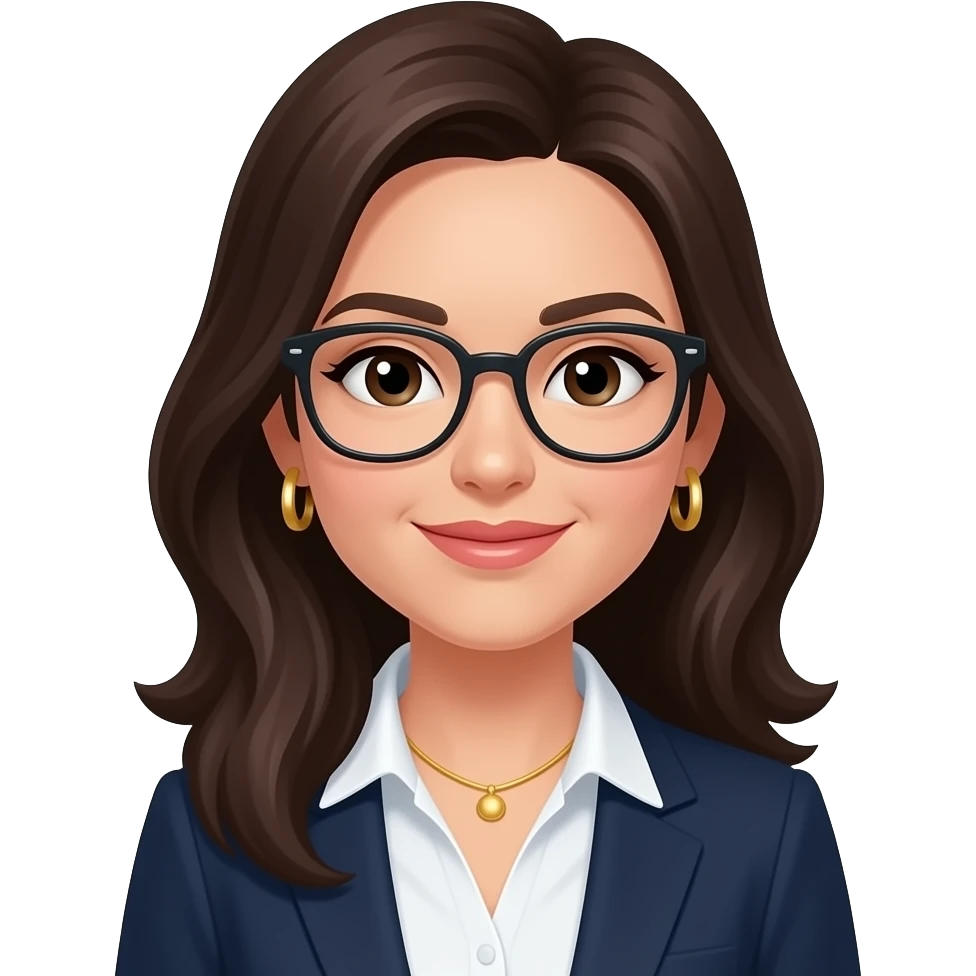 dark brown hair, glasses, marketing, recruiting, gold bracelets and gold earrings emoji