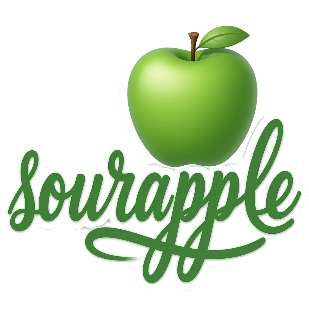 green calligraphic letters with a white border spelling "sourapple" over the letters is a heart-shaped green apple emoji