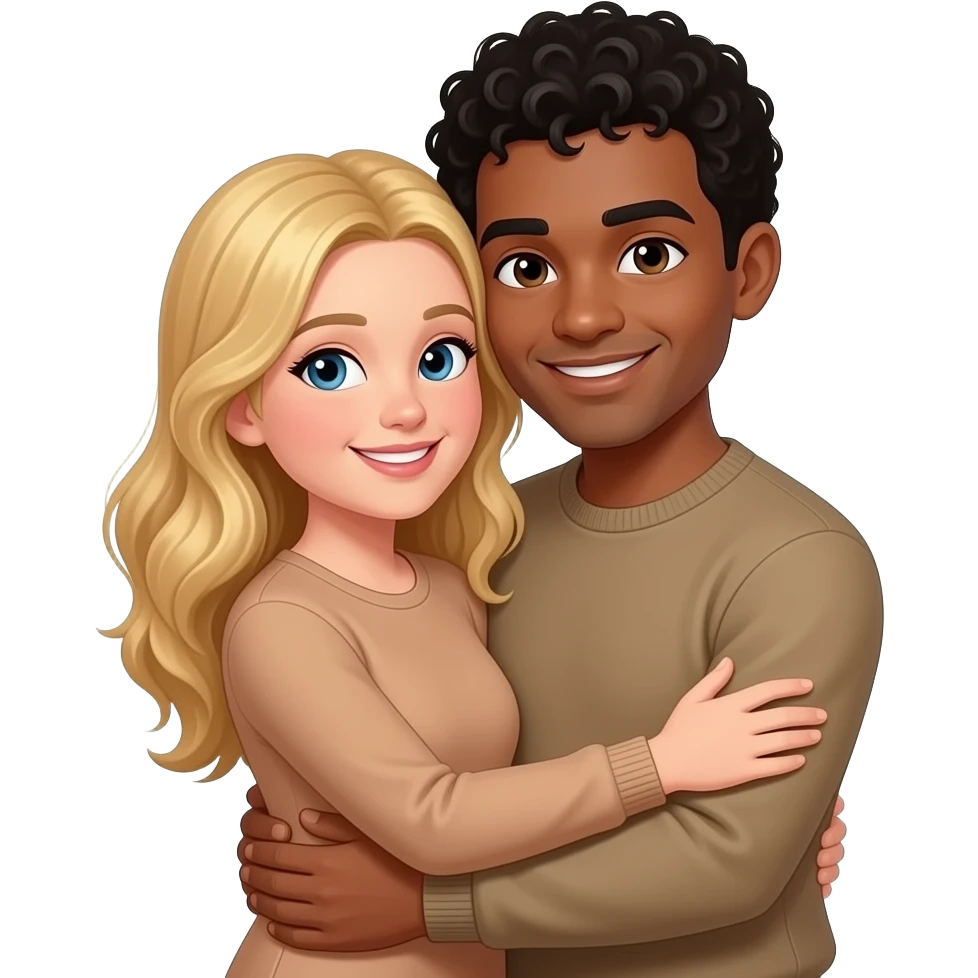 A couple fully hugging, a girl with blonde hair and wearing a tan long sleeve, and a guy with black curly hair emoji