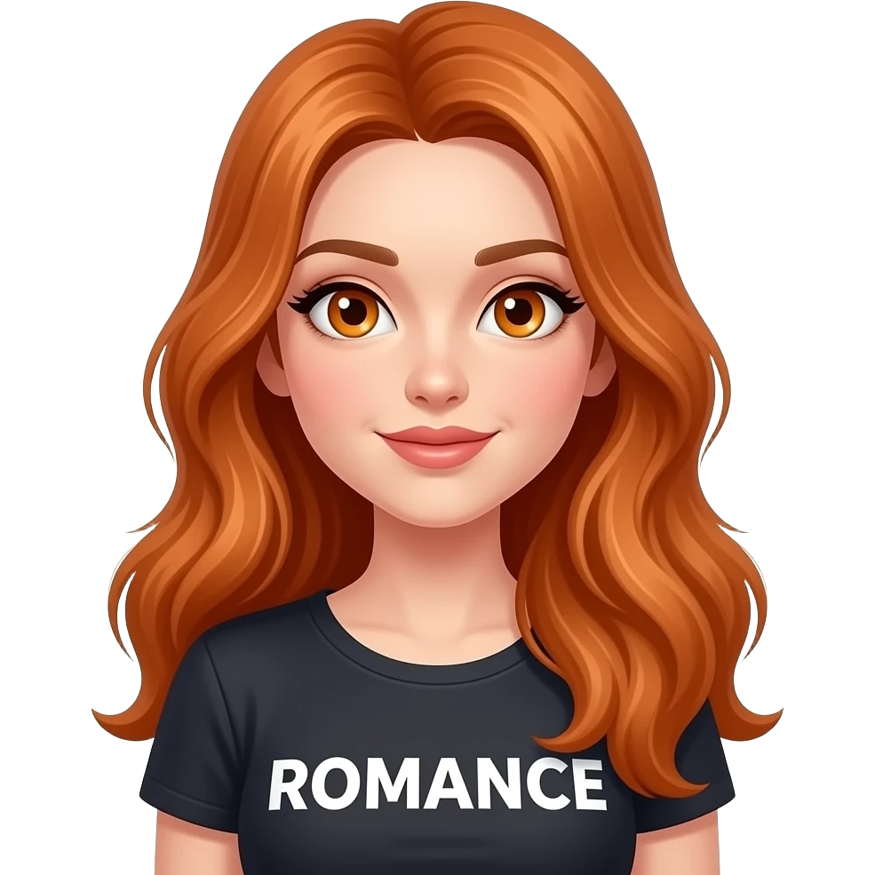 sexy girl with long ginger hair and ginger eyes a top with ROMANCE written on it emoji