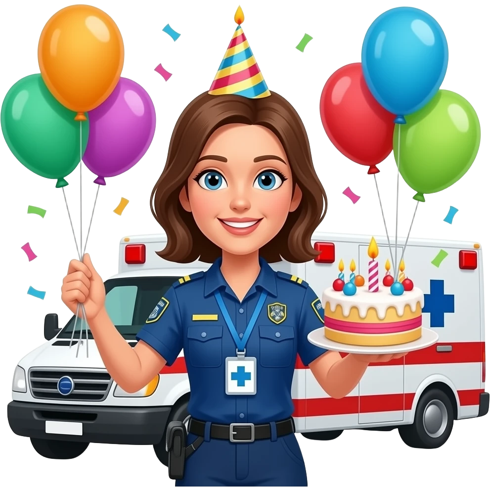 Complex birthday wishes emoji with balloons, a birthday cake and confettis For a woman who loves working as an EMT on ambulance emoji