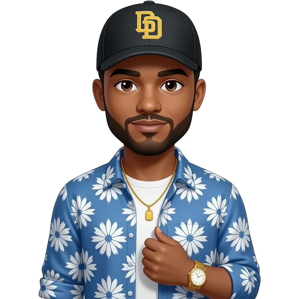 Light skin tone man with light shaved black beard and brown eyes wearing a blue long sleeve with white floral pattern designs on it button down shirt unbuttoned with a white t shirt wearing a gold tennis necklace wearing a gold wrist watch wearing a black San Diego Padres logo baseball cap emoji