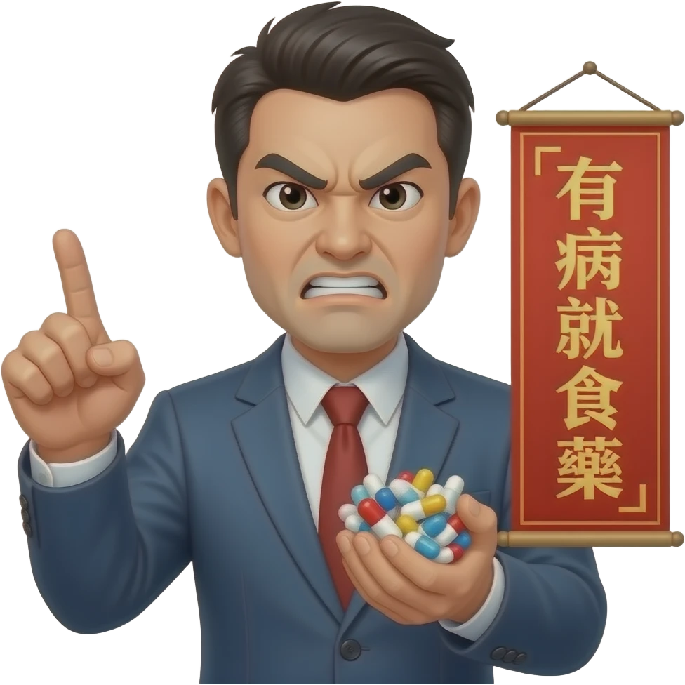 An angry man left hand pointing me, right hand holding plenty medicine with a chinese banner「有病就食藥」 emoji